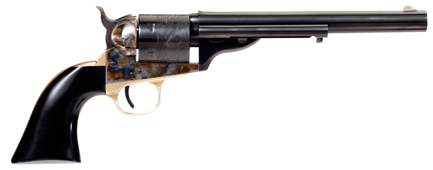 Taylors & Company 550714 Cavalier Open-Top 38 Special Caliber with 7.50" Blued Finish Barrel, 6rd Capacity Blued Finish Cylinder, Color Case Hardened Finish Steel Frame & Black Polymer Grip